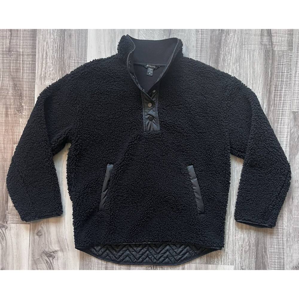 Athleta Sherpa Snap Sweatshirt Womens M Oversized Black Fleece Fuzzy Cozy